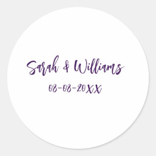 Wedding couple. Name date purple simple minimal mo Classic Round Sticker