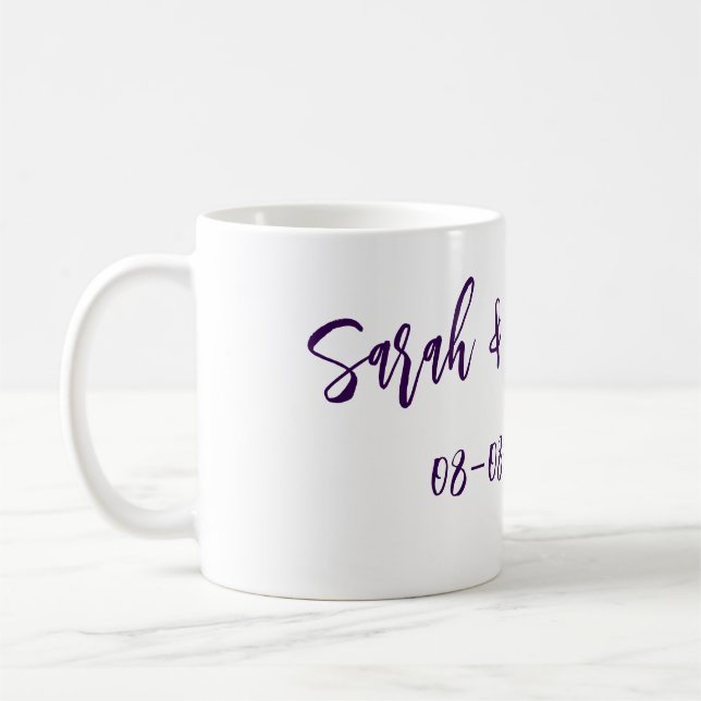 Wedding couple. Name date purple simple minimal mo Coffee Mug (Left)