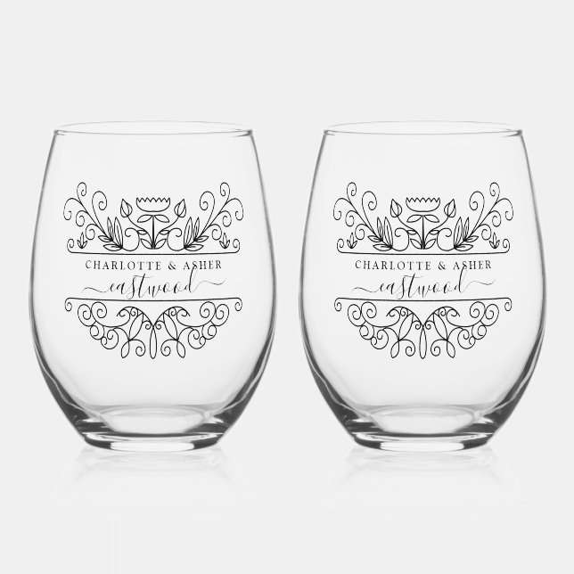 Wedding Couple Name Logo  Stemless Wine Glass (Front)