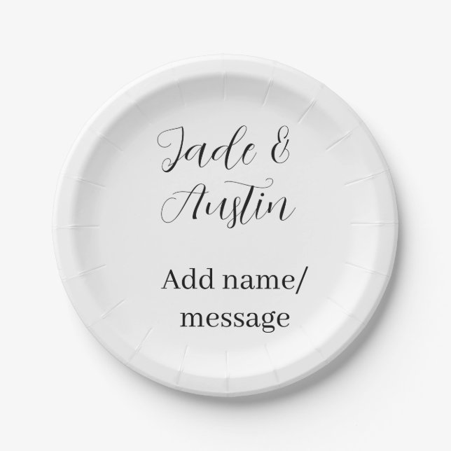 Wedding couple name message date romantic elegant  paper plate (Front)