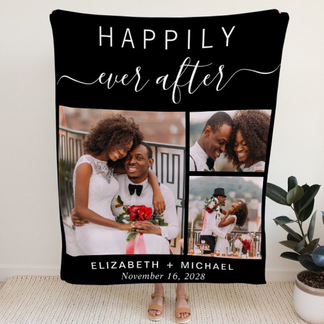 Wedding Couple Photo Collage Black Fleece Blanket (Creator Uploaded)