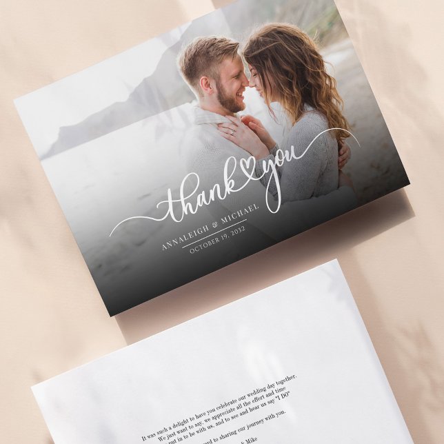 Wedding Couple Photo Hand-Lettered Script Thank You Card (Couples Wedding Thank You Card)