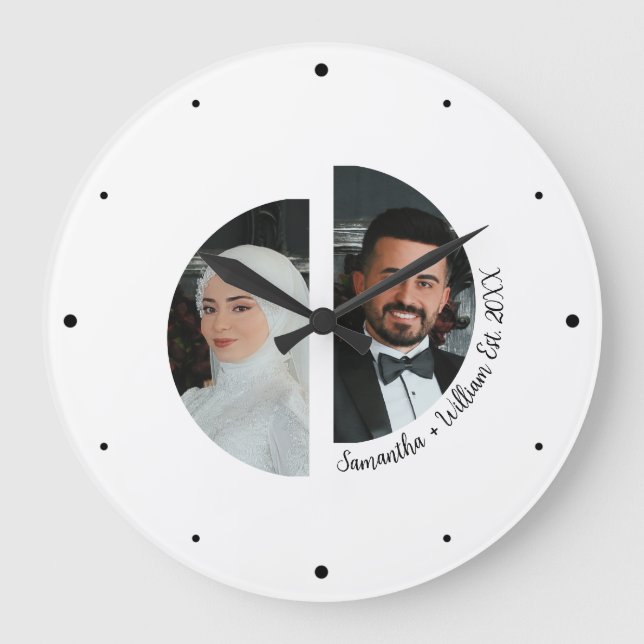 Wedding Couple Photo with Names & Date Wall Clock (Front)