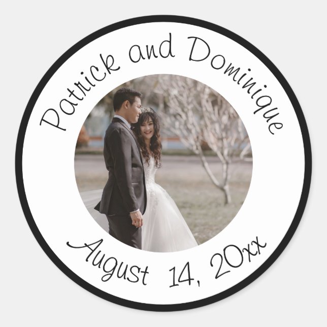 Wedding Couple Picture Names Date Classic Round Sticker (Front)