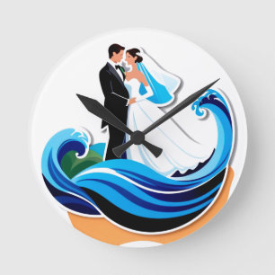 Wedding Couple Silhouette Holding Hands Round Clock