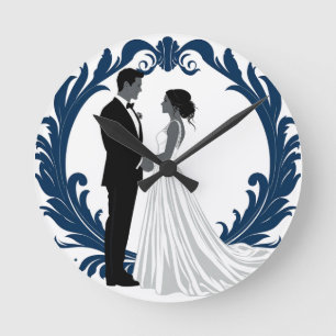 Wedding Couple Silhouette Holding Hands Round Clock