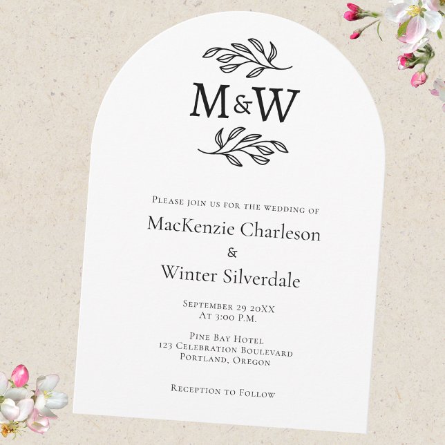 Wedding Couple Simple Monogram Initials Minimalist Invitation (Modern arch wedding invitation with couple monogram initials and botanical leaf sprig line art)
