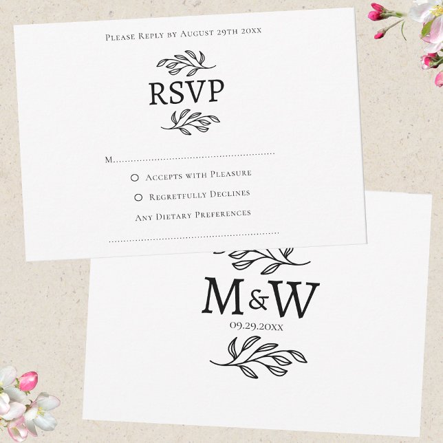 Wedding Couple Simple Monogram Initials Minimalist RSVP Card (Modern RSVP wedding couple monogram initials custom text response enclosure card)