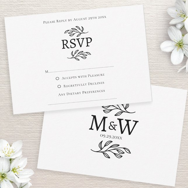 Wedding Couple Simple Monogram Initials Minimalist RSVP Card (Modern RSVP wedding couple monogram initials custom text response enclosure card)