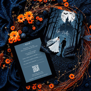 Wedding Couple Spooky Forest Toward Haunted Castle RSVP Card