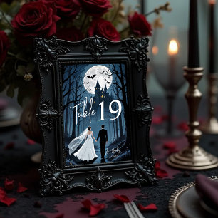 Wedding Couple Spooky Forest Toward Haunted Castle Table Number