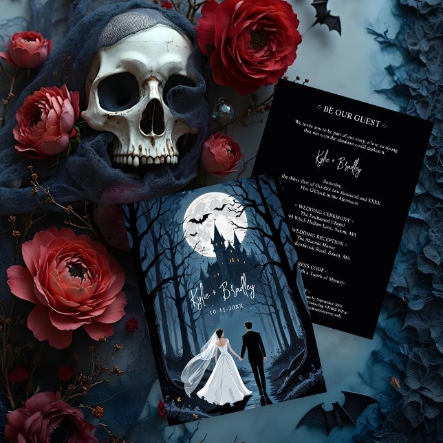 Wedding Couple Spooky Forest Towards Haunted Castl Invitation (Wedding Couple in Spooky Forest Toward Haunted Castle Invitations Cards.)