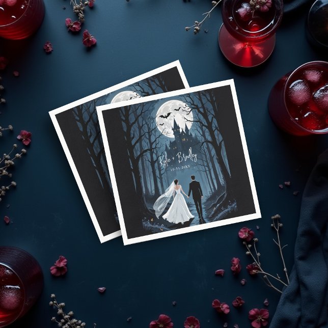 Wedding Couple Spooky Forest Towards Haunted Castl Napkin (Haunted Castle Design Halloween wedding napkins.)