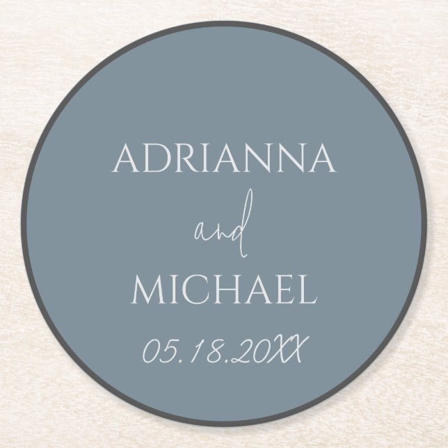 Wedding Couple's Name and Date Slate Round Paper Coaster (Front)