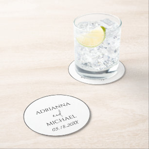 Wedding Couple's Name and Date White Round Paper Coaster