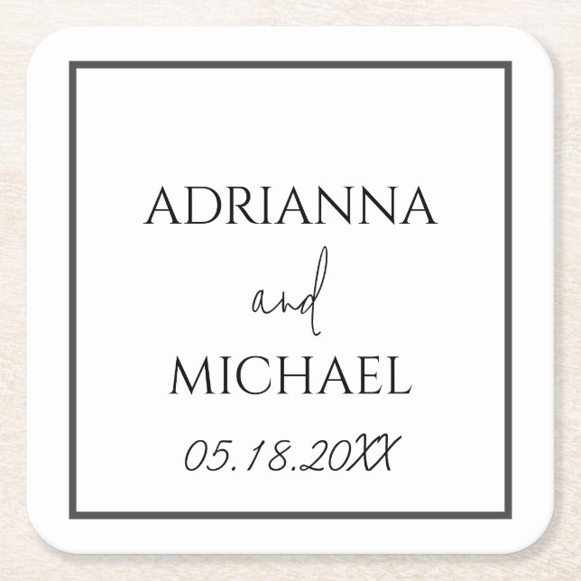 Wedding Couple's Name and Date White Square Paper Coaster (Front)