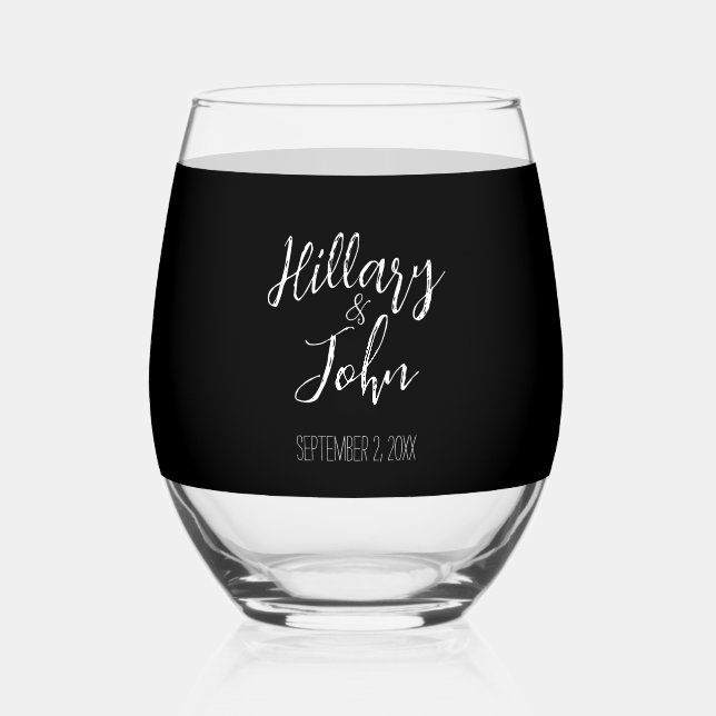 Wedding Couples Names and Date Classic Stemless Wine Glass (Front)