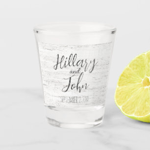 Wedding Couples Names and Date in Woodgrain Shot Glass