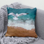 Wedding 🌴💍 Couples Names in Sand Writing Coastal Cushion<br><div class="desc">Nautical Boutique Co.'s beach-themed design is the perfect way to commemorate your wedding day or any special occasion! 🌴💍 Add the newlyweds' names and wedding date written in sand for a personalised touch. The design also features a seagull in flight over a crashing wave, bringing the beauty of the beach...</div>