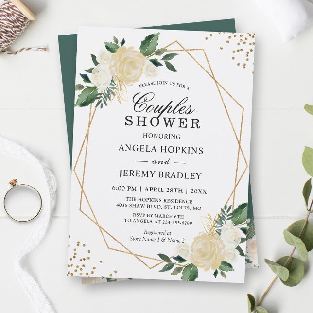 Wedding Couples Shower Modern Gold Greenery Floral Invitation (Creator Uploaded)