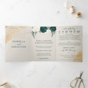 Wedding Cream All in one set Emerald Green Roses Tri-Fold Invitation