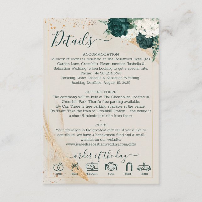 Wedding Cream Details Emerald Green Rose Floral Enclosure Card (Front)