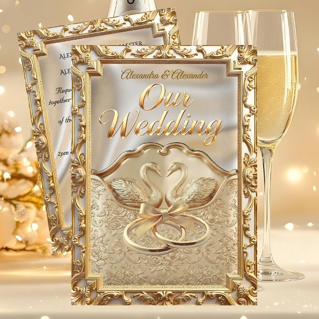 Wedding Cream Gold Swans Rings Gold Diamonds Invitation (Creator Uploaded)