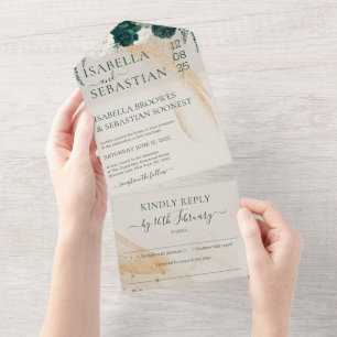 Wedding Cream Kindly Reply Emerald Green Rose All In One Invitation