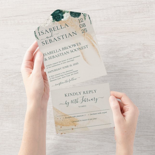 Wedding Cream Kindly Reply Emerald Green Rose All In One Invitation (Tearaway)