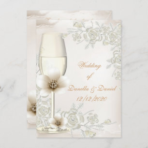 Wedding Cream Sepia Champagne Glass Flowers Invitation