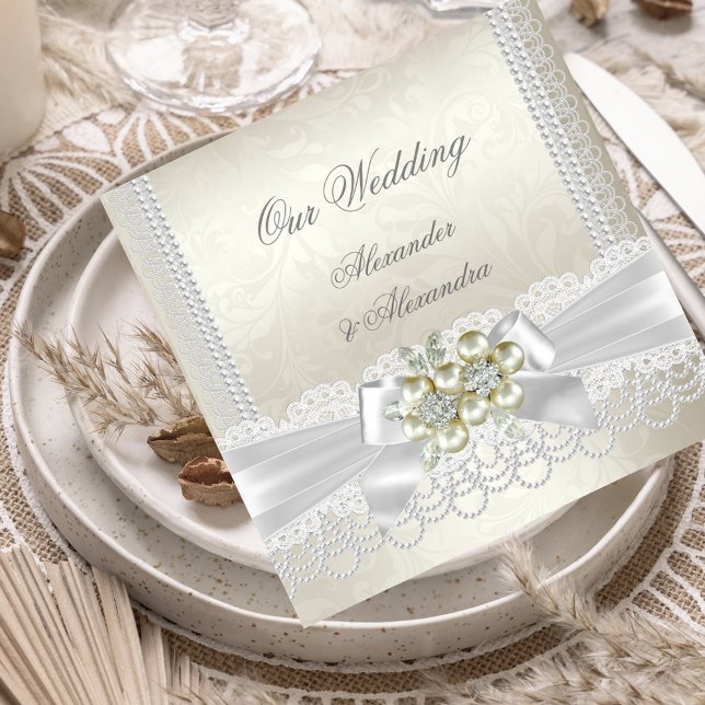 Wedding Cream White Pearl Lace Damask Diamond Invitation (Creator Uploaded)