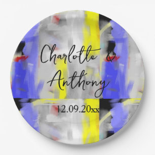 Wedding Creative Abstract Art Blue Yellow White Paper Plate