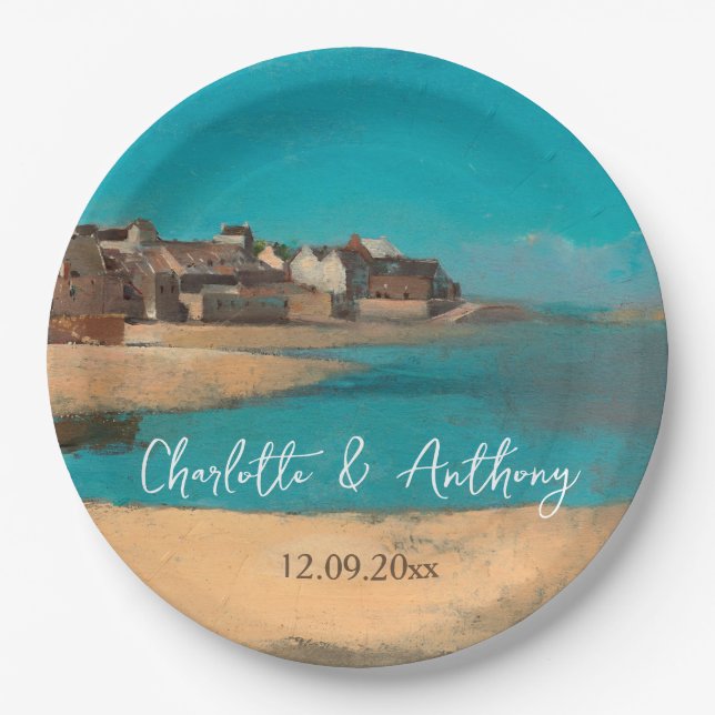 Wedding Creative Village Sea Sky Impressionist Paper Plate (Front)