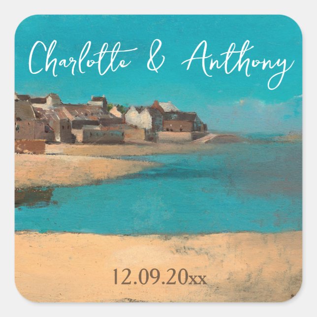Wedding Creative Village Sea Sky Impressionist Square Sticker (Front)