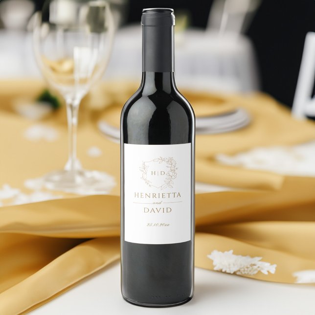 Wedding crest botanical gold elegant monogram wine label (Creator Uploaded)