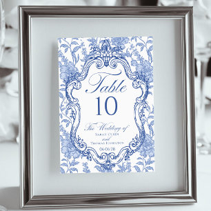 Wedding Crest Delft Blue Floral Elegant Script Table Number