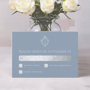 Wedding Crest Dusty Blue Monogram Faux Silver Foil RSVP Card