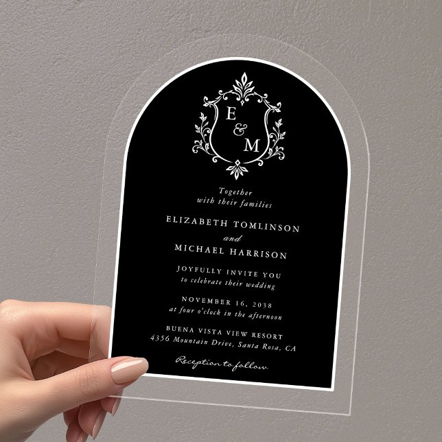 Wedding Crest Monogram Arch Black Acrylic Invitations (Wedding Crest Monogram Arch Black Acrylic Invitations)