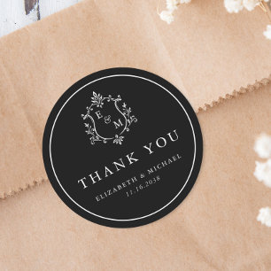 Wedding Crest Monogram Black Thank You Classic Round Sticker