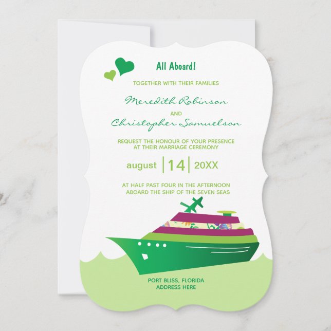 Wedding Cruise Ship All Aboard Green Ship Hearts Invitation (Front)