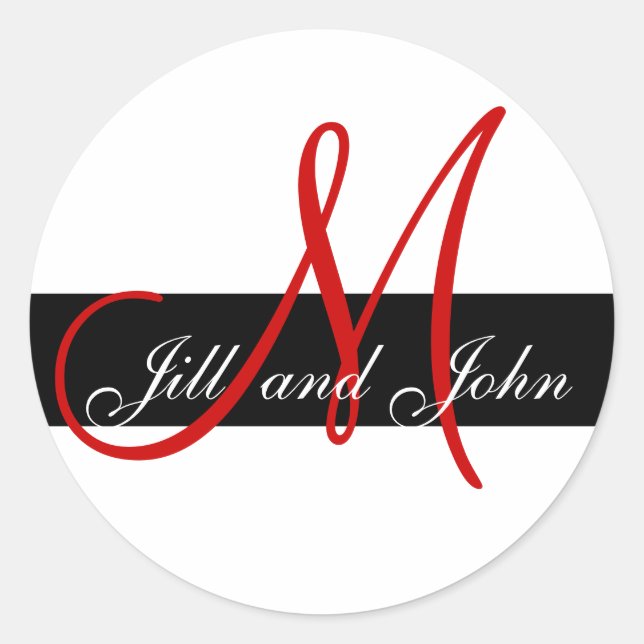 Wedding Custom Monogram Initial & Names Red Classic Round Sticker (Front)