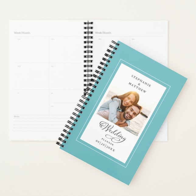 Wedding Custom Photo Aqua White Elegant Script Planner (Display)
