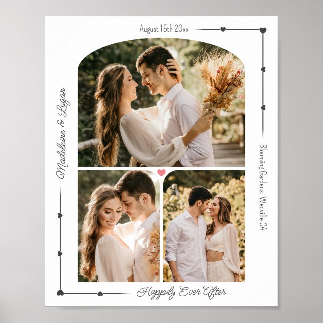 Wedding Custom Photo Collage Modern Grey Hearts Poster (Front)