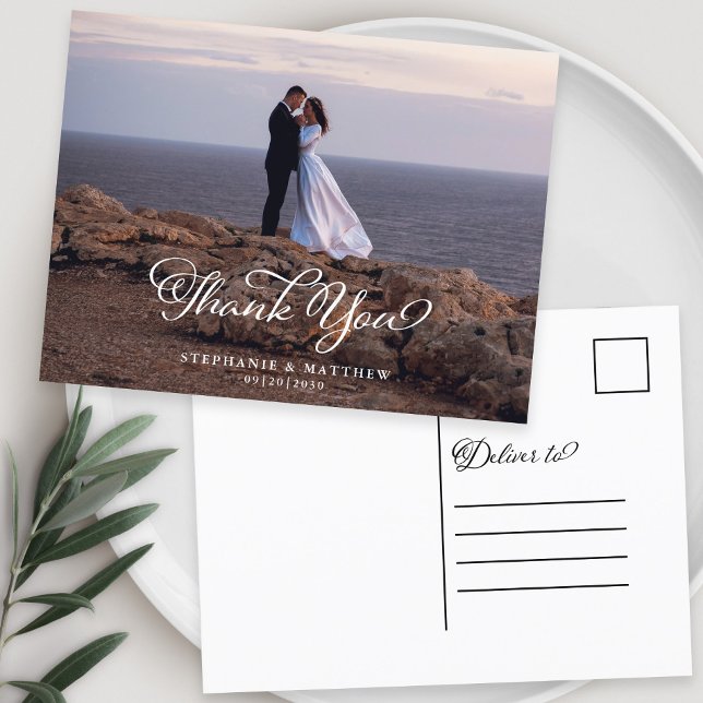 Wedding Custom Photo Thank You Elegant Calligraphy Postcard (Wedding Custom Photo Thank You Elegant Calligraphy Postcard)