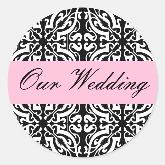 Wedding - Customisable (Black & White Damask) Classic Round Sticker (Front)