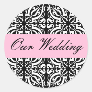 Wedding - Customisable (Black & White Damask) Classic Round Sticker