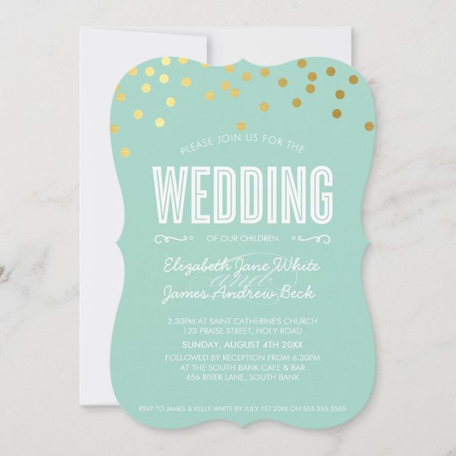 WEDDING cute gold foil confetti bold pastel mint Invitation (Front)