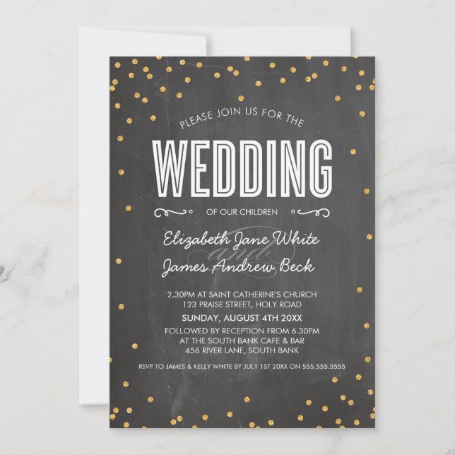 WEDDING cute gold glitter confetti chalkboard grey Invitation (Front)