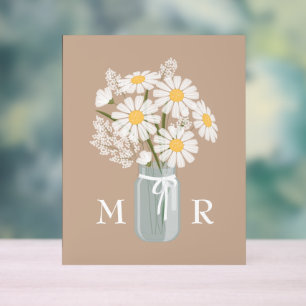 Wedding Daisies Mason Jar Monogram Initial Beige Acrylic Sign