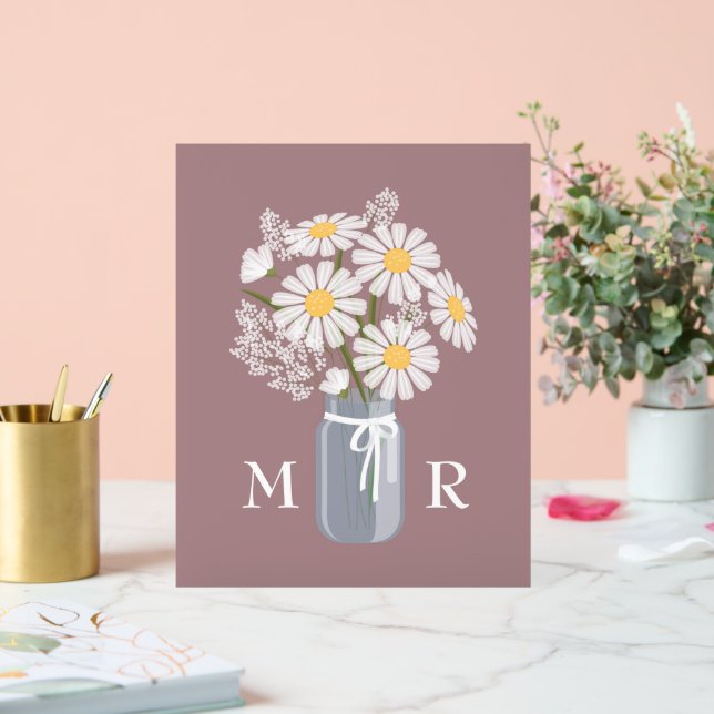 Wedding Daisies Mason Jar Monogram Initial Rosy Acrylic Sign (Wedding)
